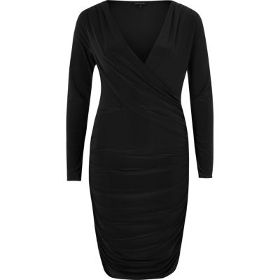 Black ruched long sleeve bodycon dress